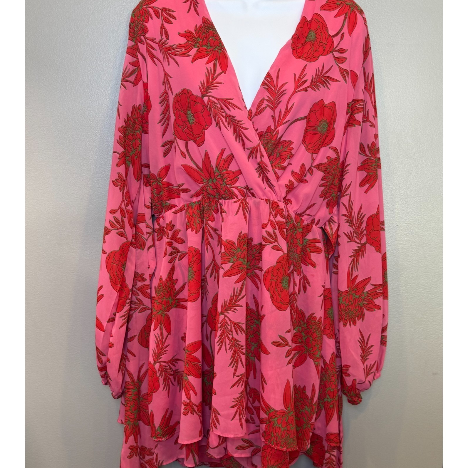 Beyond Wonder Pink Floral Surplice Long Sleeve Mini Dress Size L Cottagecore Boh